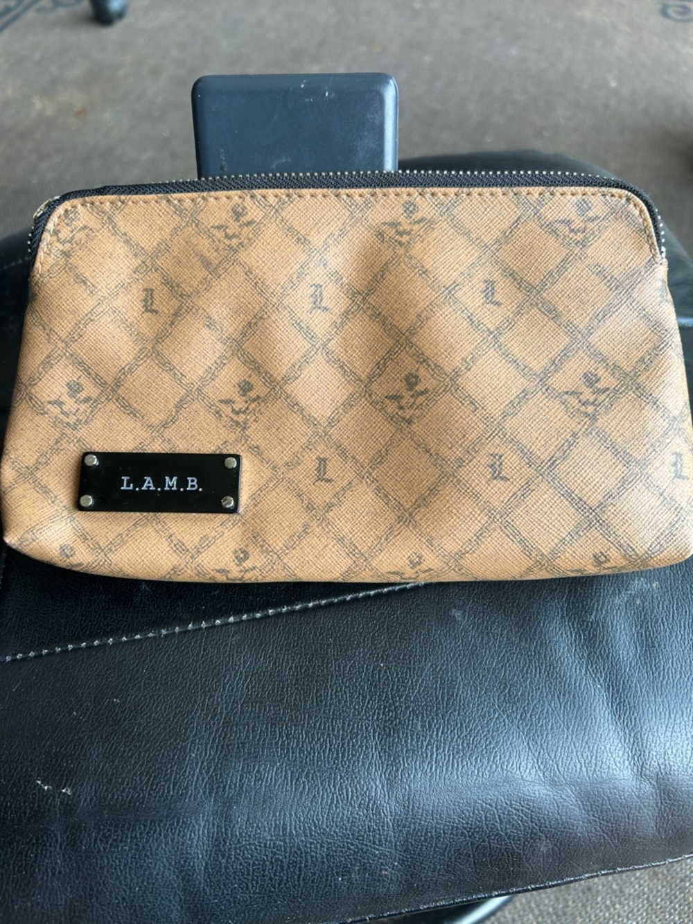 L.A.M.B. Tan Monogram Cosmetic Pouch with Logo Plaque